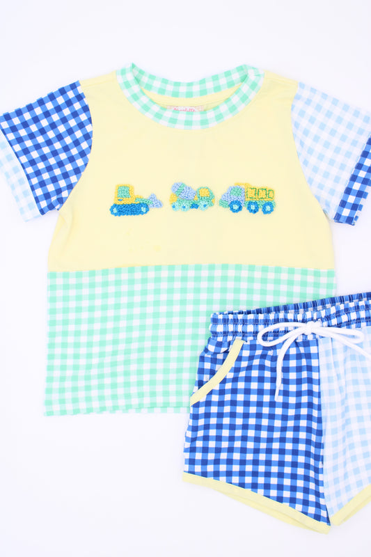 RTS: Colorblock Construction French Knot Shorts Set